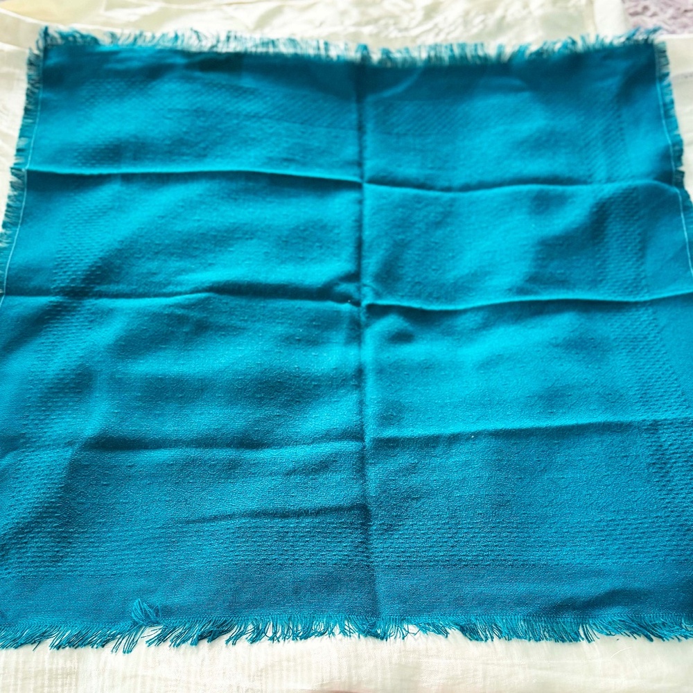 SCARF, WOOL OR SIMILAR FABRIC, in TEAL, 29 x 28 INCHES, SMALL FRINGE EACH END,